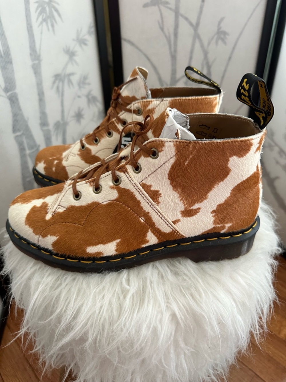 Dr. Martens Tan and White Cowhide Lace-Up Combat Boots